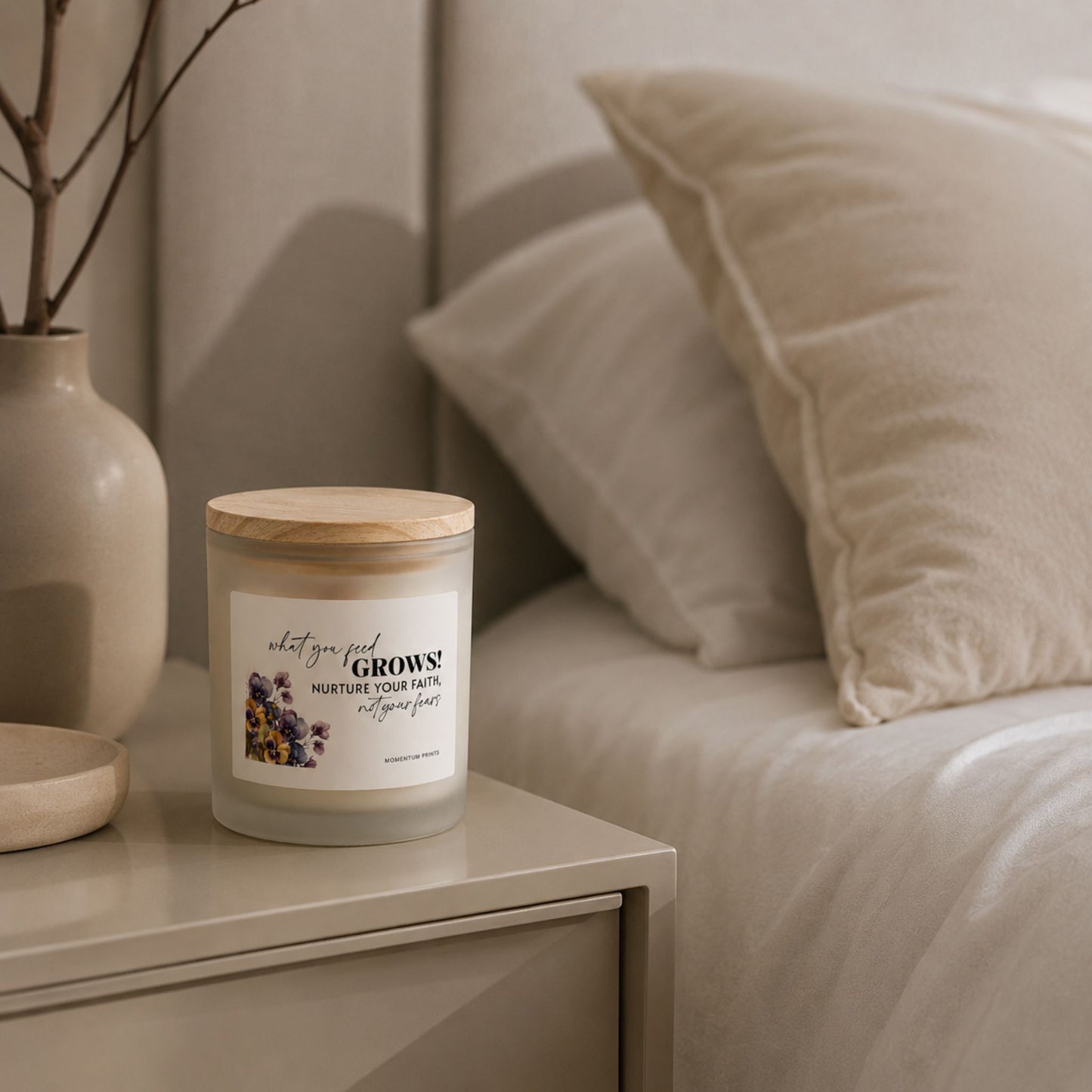Frosted glass candle with wooden lid and “What You Feed Grows” label by Momentum Prints, styled on a minimalist bedside table in a cozy neutral bedroom with soft ambient lighting.