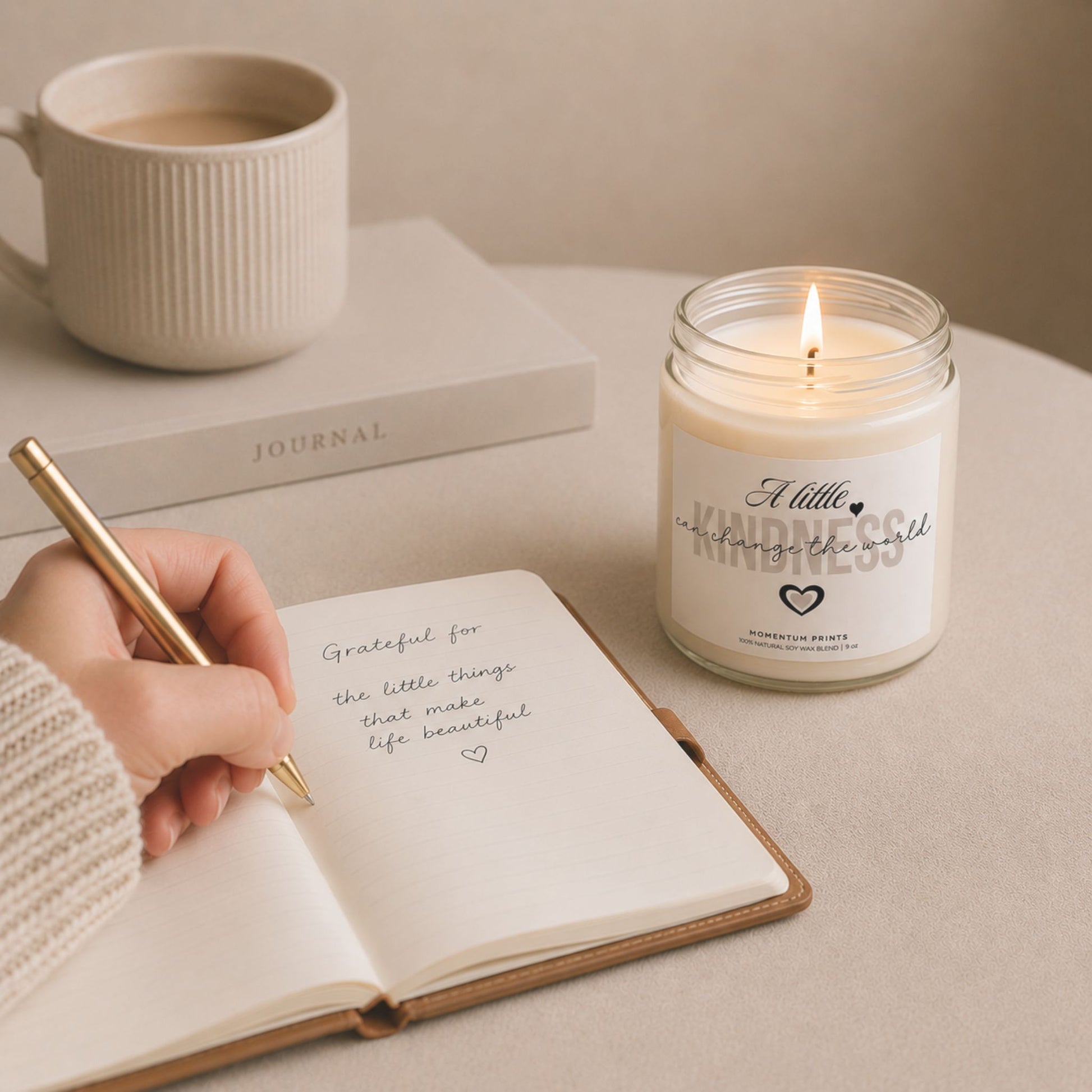 A Little Kindness Can Change the World candle by Momentum Prints beside a journal and coffee mug, creating a cozy self-care and mindfulness workspace.