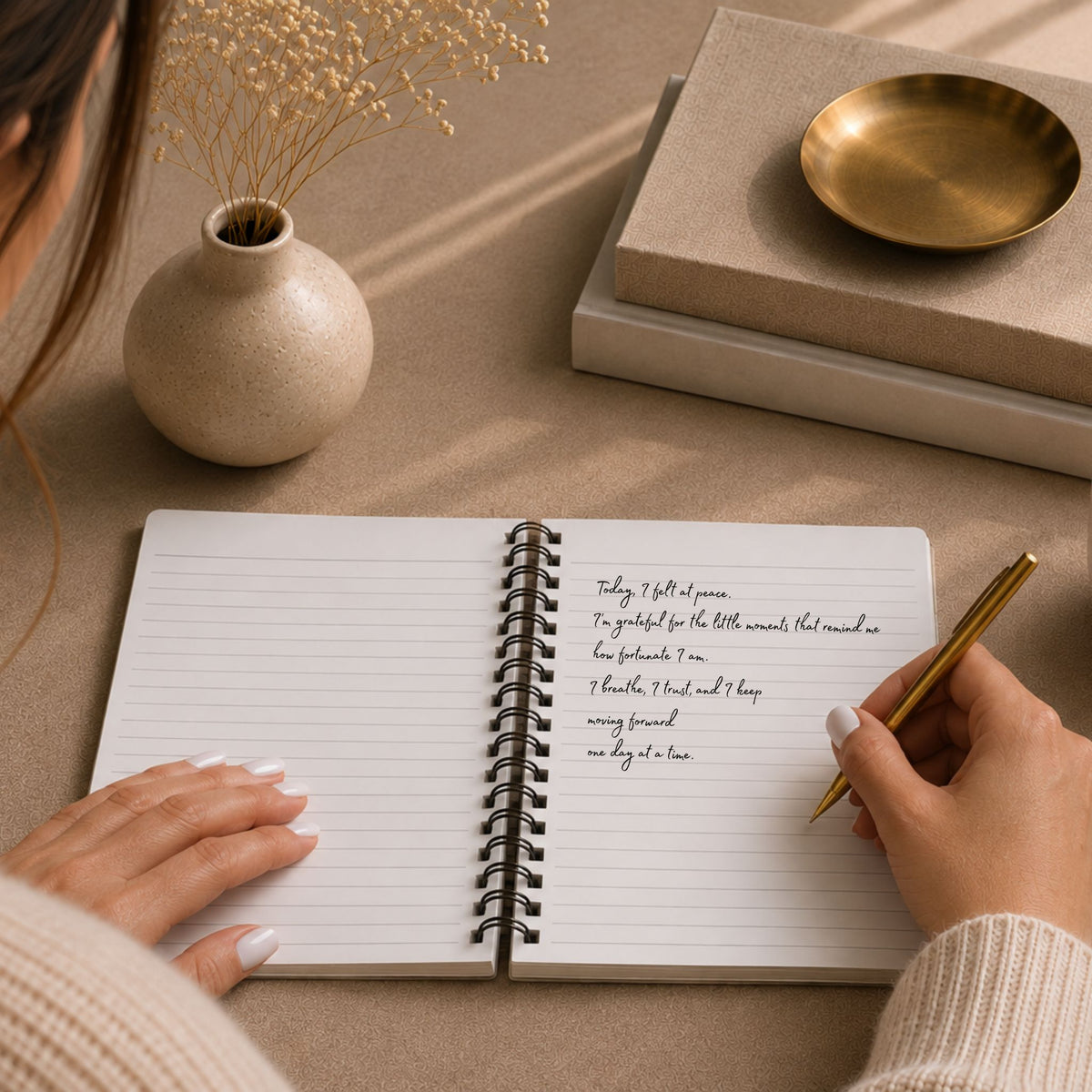 A woman writing a gratitude entry in a personalized dried sage spiral notebook, styled with dried baby's breath and stacked books on a desk.