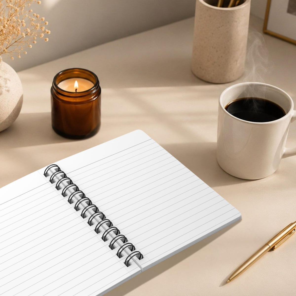 The blank lined pages of a personalized dried sage spiral notebook laid open on a desk, styled with a lit amber glass candle, a steaming mug of coffee, dried baby's breath, and a gold pen.