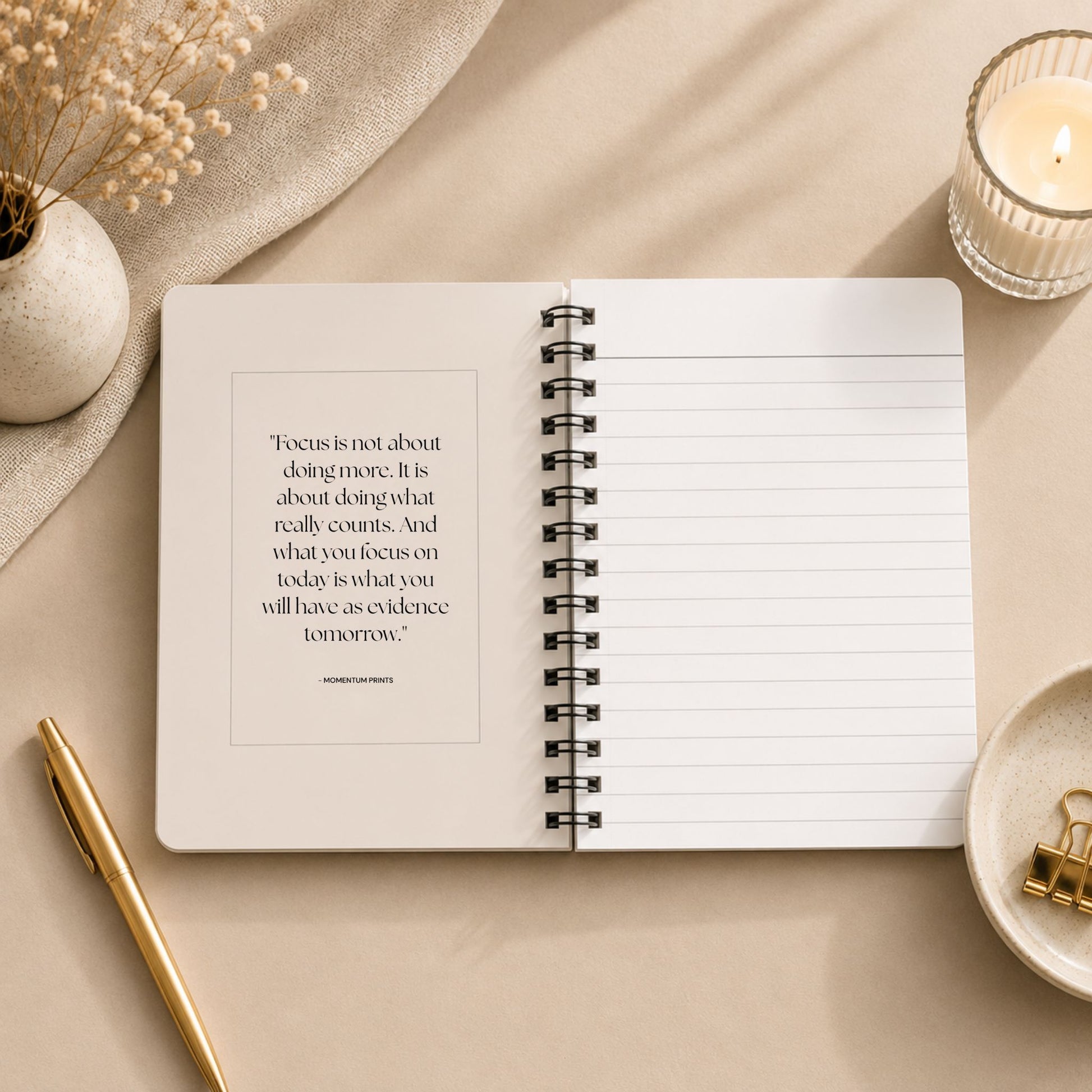 The open interior of a personalized soft beige spiral notebook, showing a printed reflection on focus and intention beside blank lined pages, styled with a lit glass candle, dried baby's breath on draped linen, and a gold pen.