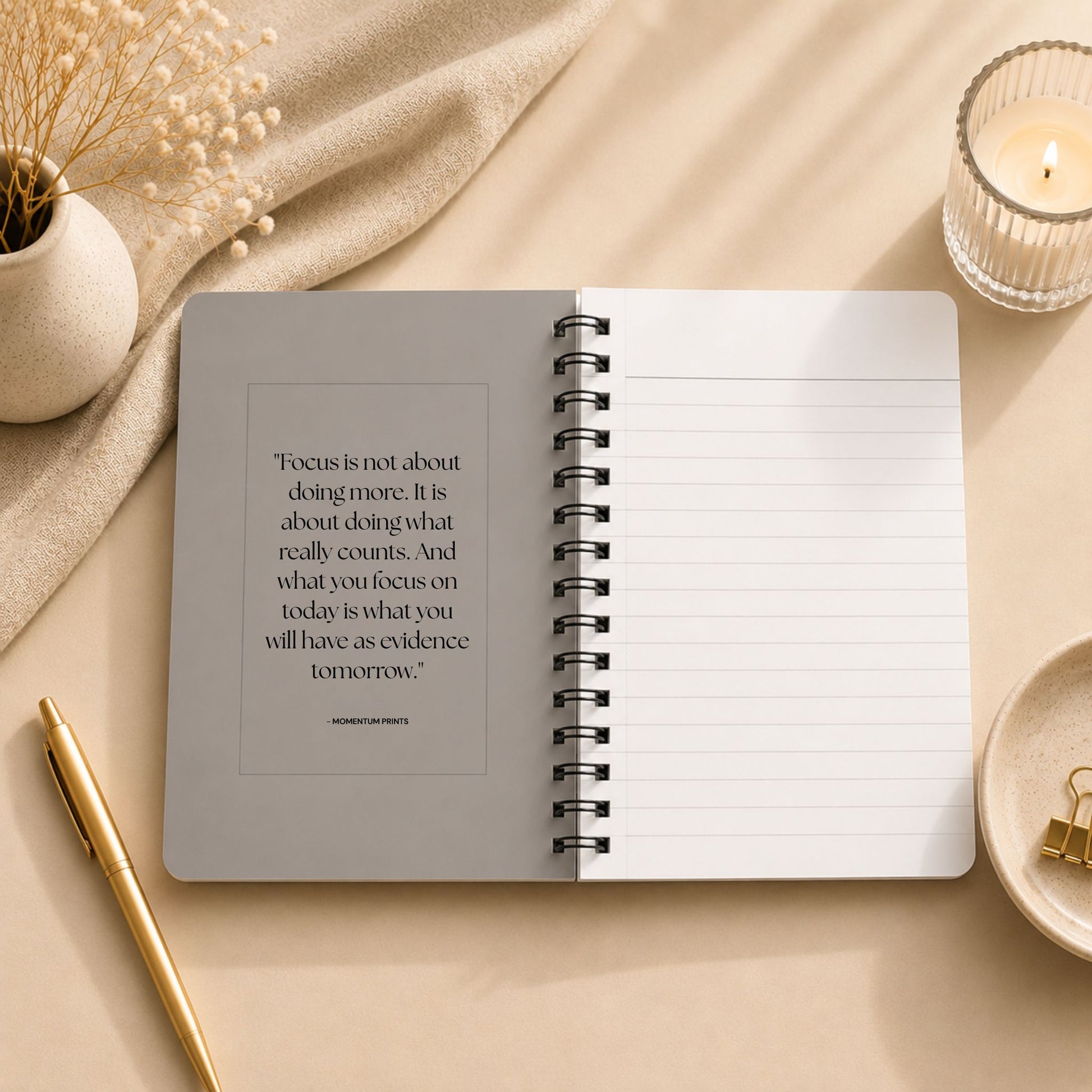 The open interior of a personalized warm gray spiral notebook, showing a printed reflection on focus and intention beside blank lined pages, styled with a lit glass candle, dried baby's breath on draped linen, and a gold pen. Momentum Prints.