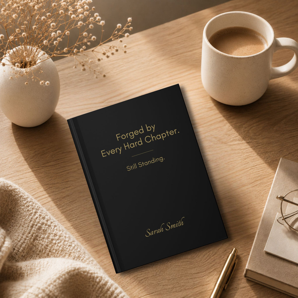 Black hardcover journal with gold lettering displayed on a wooden desk beside a coffee mug, ceramic vase, and gold pen. Momentum Prints.