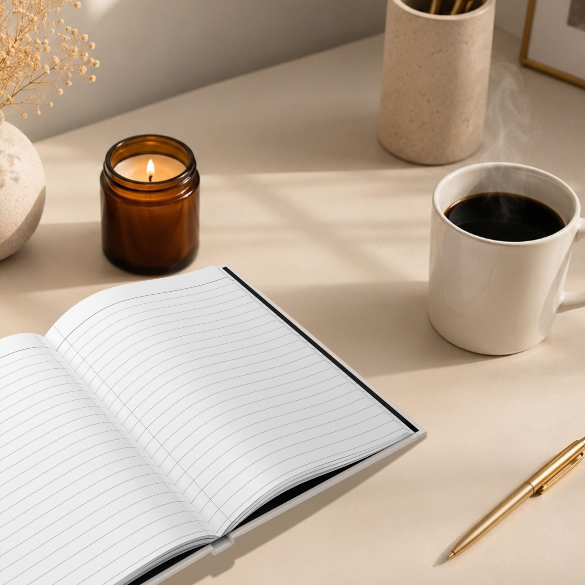 Forged by Every Hard Chapter hardcover lined journal styled in a warm minimalist workspace with black coffee, an amber soy candle, a gold pen, and dried flowers in an editorial lifestyle setting by Momentum Prints.