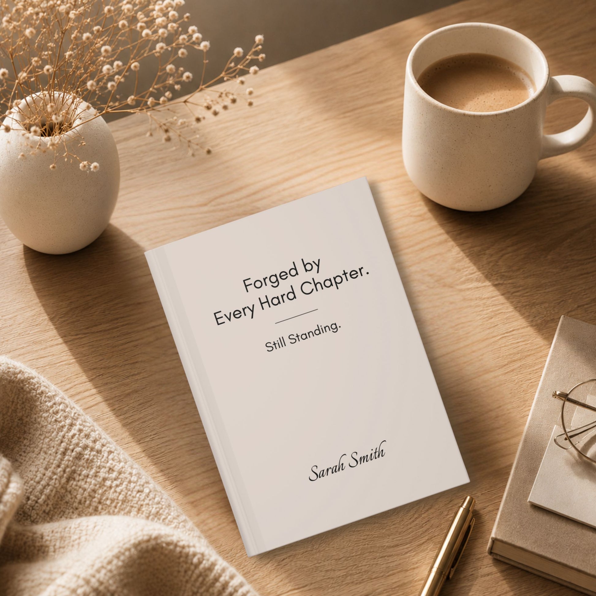 Personalized ivory hardcover journal resting on a wooden desk beside a cup of coffee, a knit sweater, and reading glasses in a cozy morning setting by Momentum Prints.