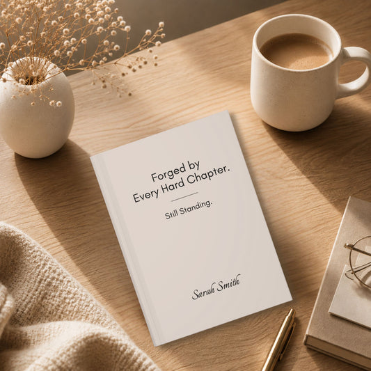 Personalized ivory hardcover journal resting on a wooden desk beside a cup of coffee, a knit sweater, and reading glasses in a cozy morning setting by Momentum Prints.