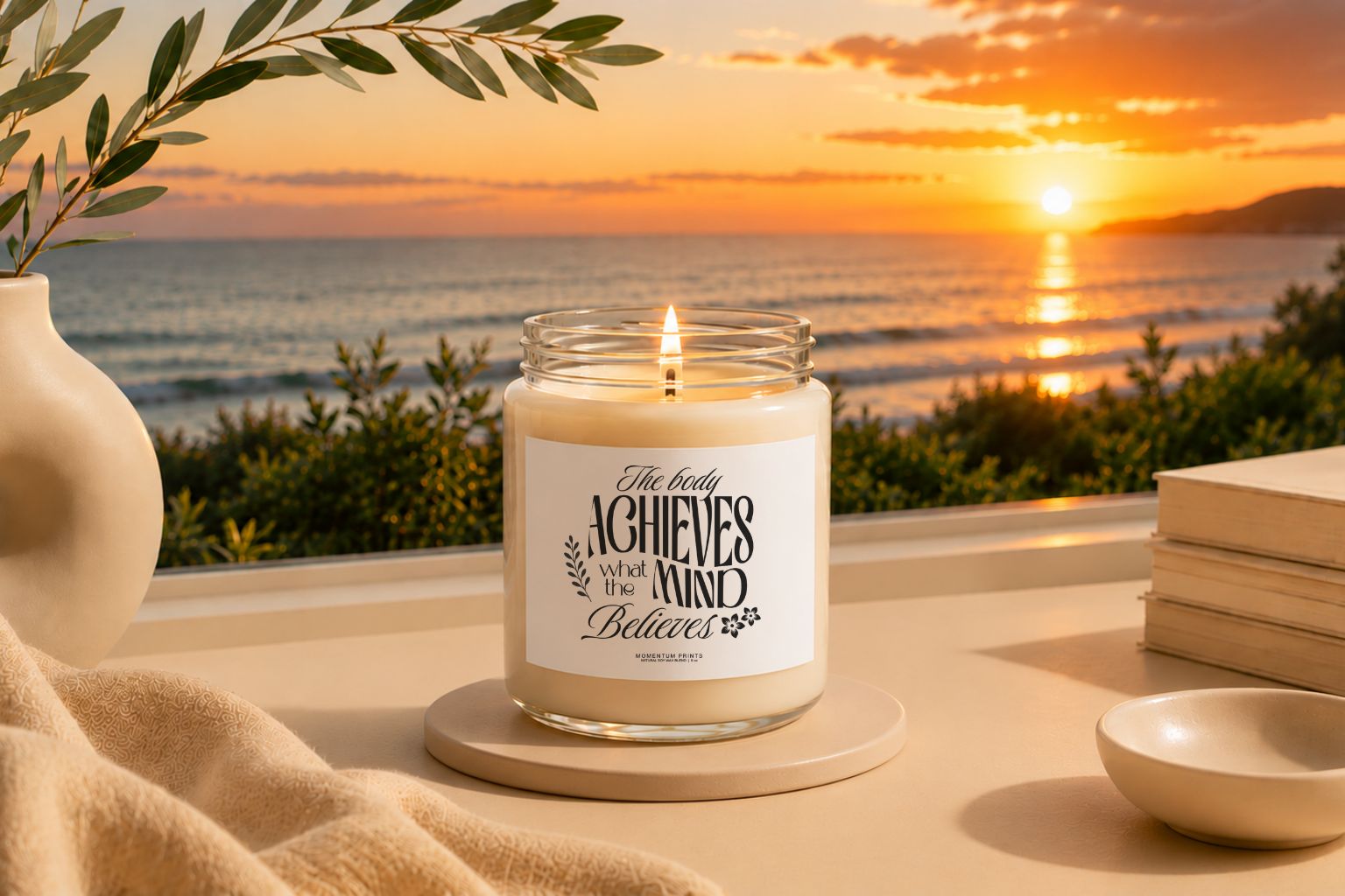 Minimalist scented candle with a blank white label in a calm ocean sunset setting, styled with modern neutral decor to inspire reflection and intentional living by Momentum Prints.