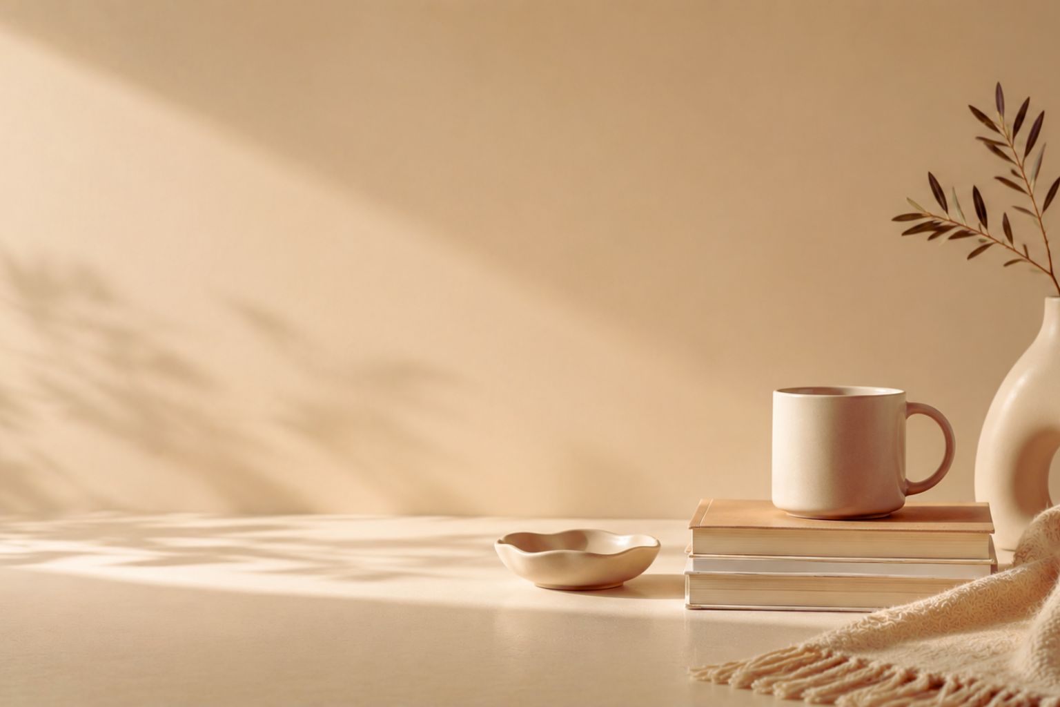 Minimalist interior with modern ceramic decor, soft natural light, and warm neutral tones, creating an intentional pause for reflection by Momentum Prints.