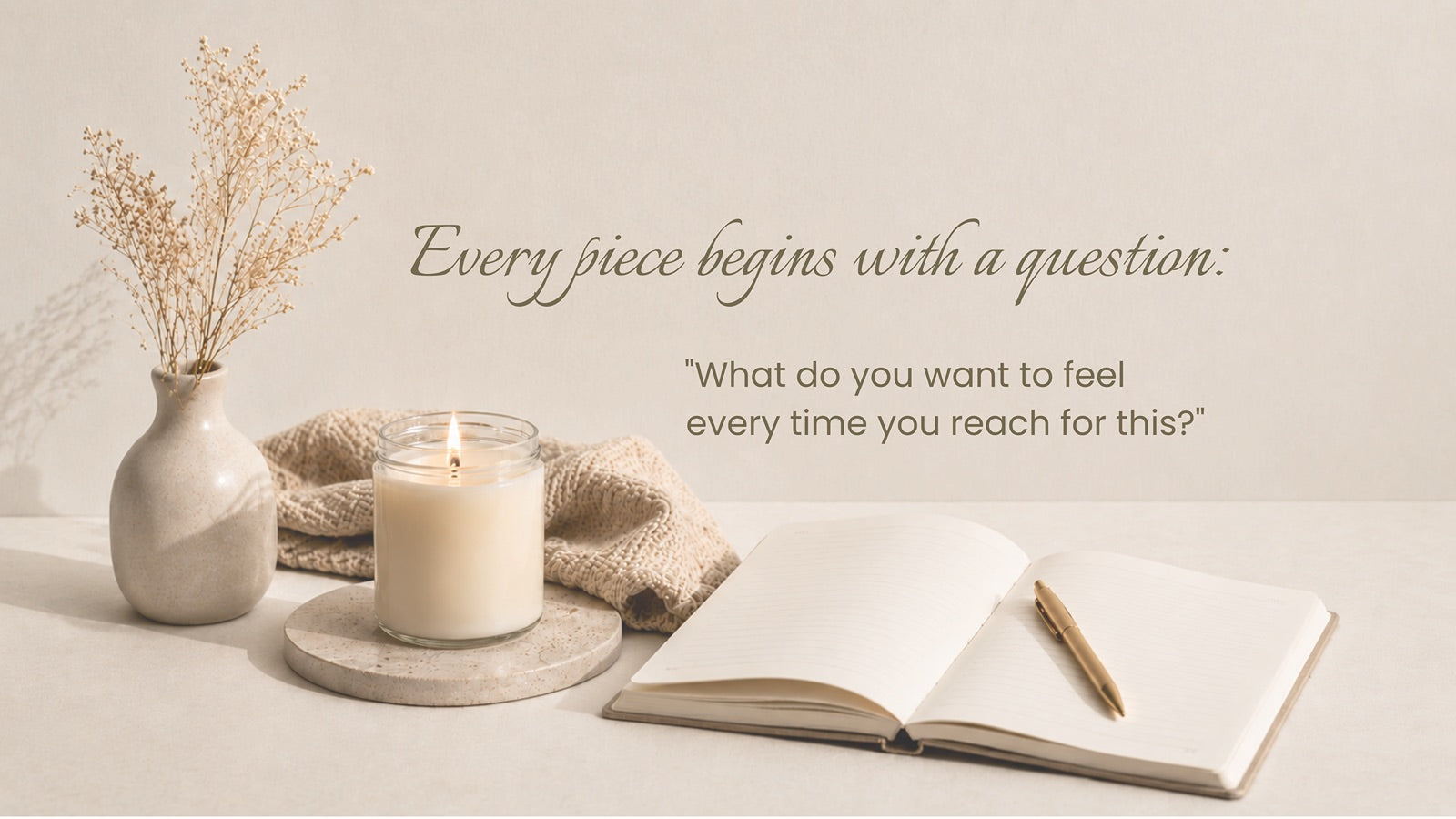 Intentional reflection hero banner featuring a minimalist soy candle, open journal, gold pen, knitted fabric, and ceramic vase in a warm beige aesthetic by Momentum Prints.