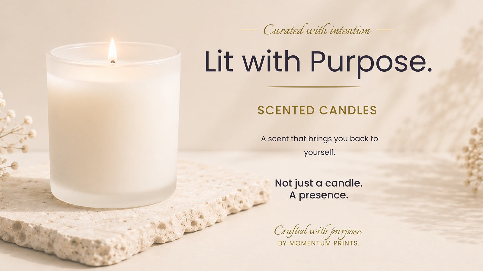 Lit With Purpose scented candles collection banner featuring a minimalist white candle on natural stone with warm beige tones and cozy premium styling by Momentum Prints