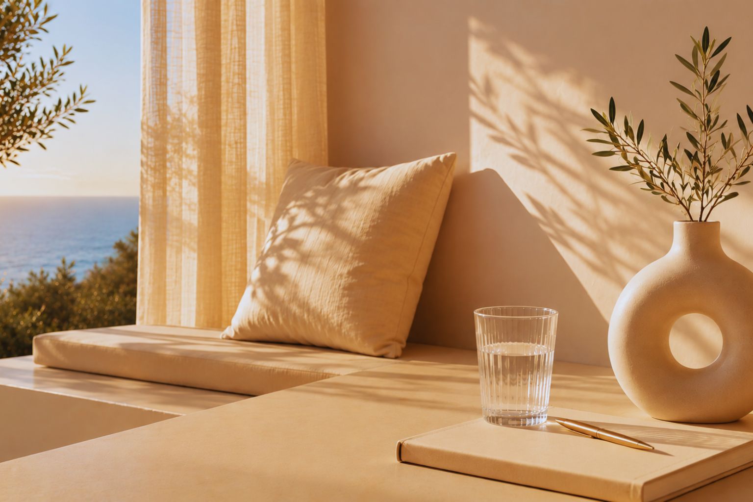 Minimalist sand-toned terrace with a modern sculptural vase, blank journal, and soft golden sunset creating a calm, reflective atmosphere. Momentum Prints