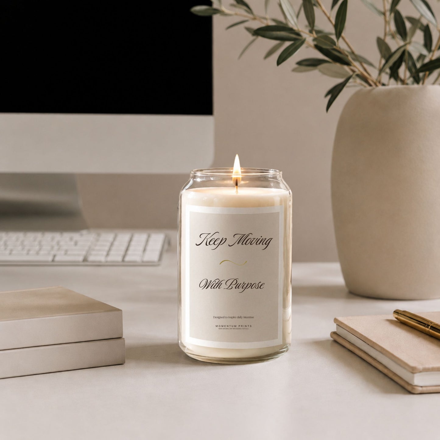 Minimalist office candle mockup with soft beige label and white border, lit soy candle in clear glass jar on modern desk with keyboard, notebooks, and olive branches in warm natural light