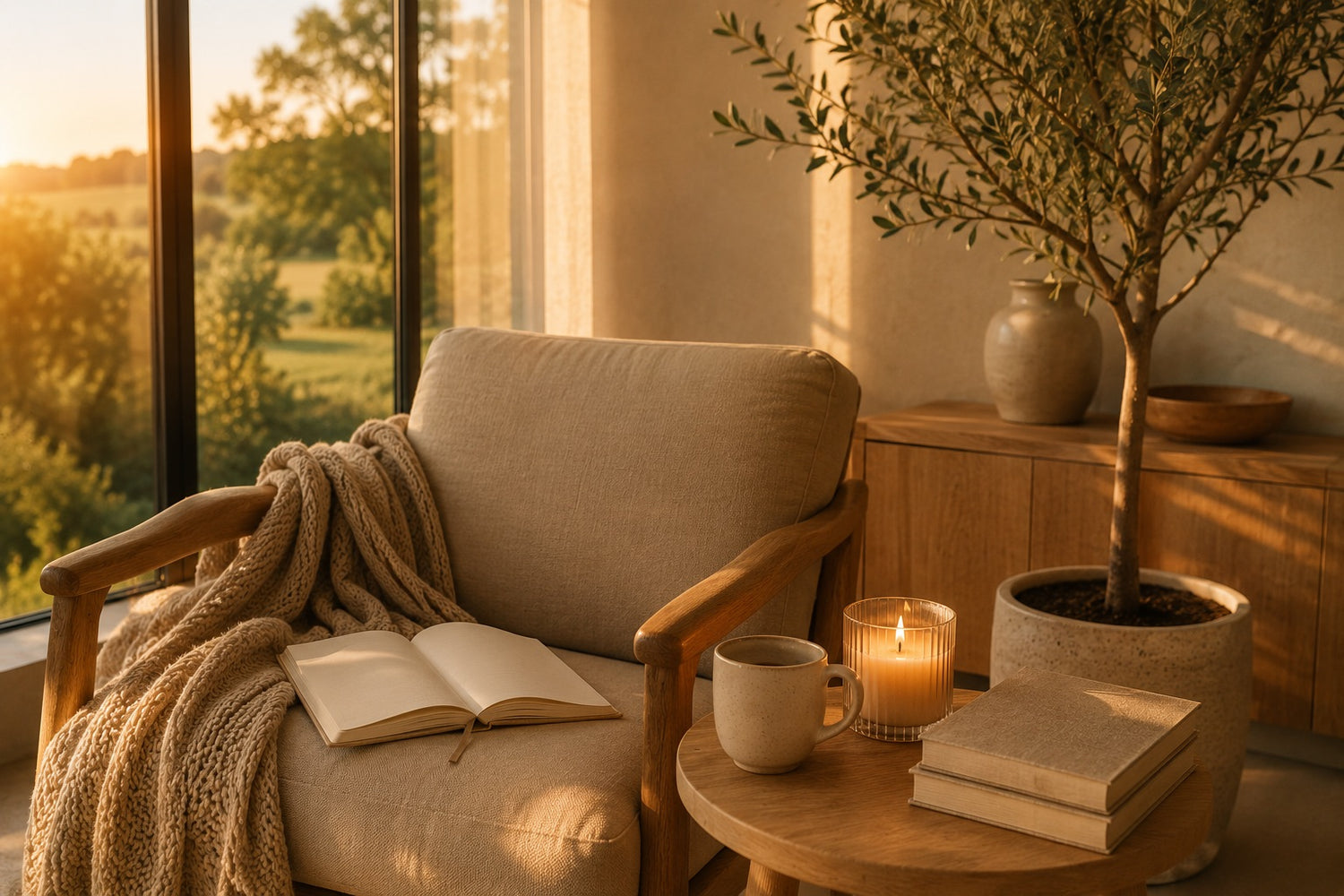Warm editorial reading corner with a linen armchair, open journal, ceramic mug and glowing candle, reflecting the quiet intention behind Momentum Prints.