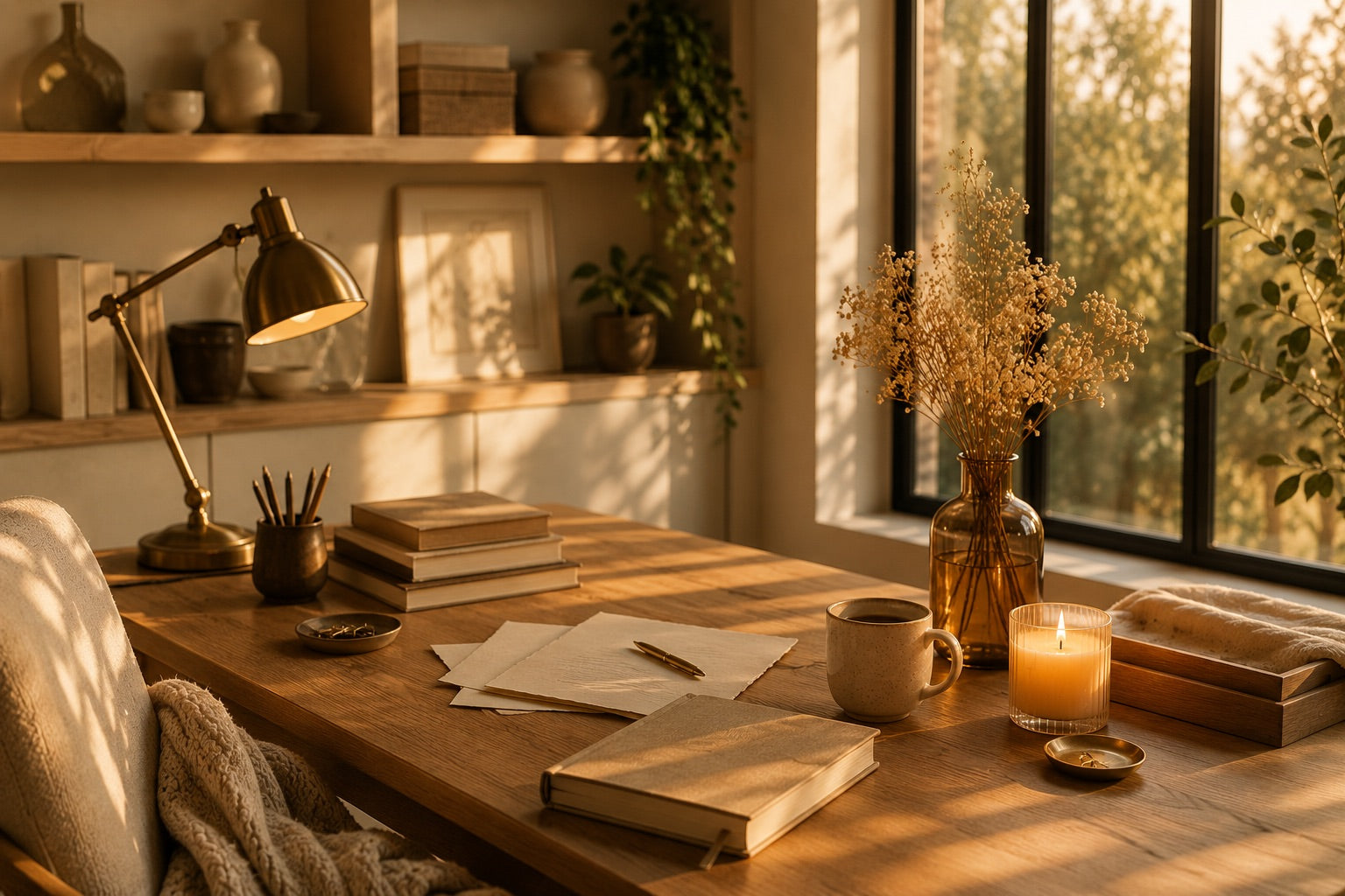 Minimalist editorial workspace with a wooden desk, candle, ceramic mug, amber glass vase, journal, and warm golden-hour light creating a calm and intentional atmosphere by Momentum Prints.