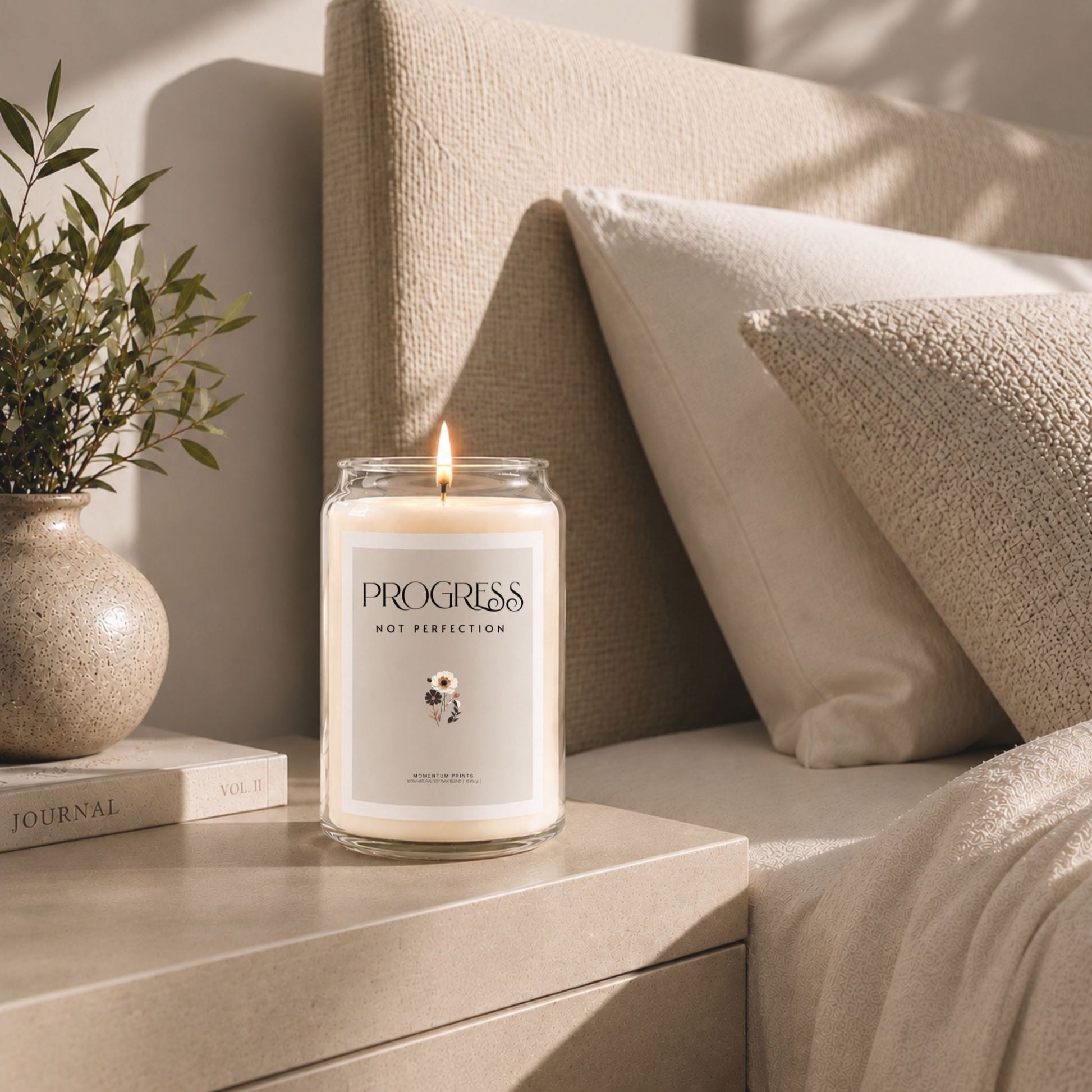 Progress Not Perfection 13.75 oz scented soy candle in clear glass jar on beige bedside table beside textured pillows and ceramic vase, illuminated by soft natural sunlight in a modern neutral bedroom. Premium lifestyle candle mockup by Momentum Prints.
