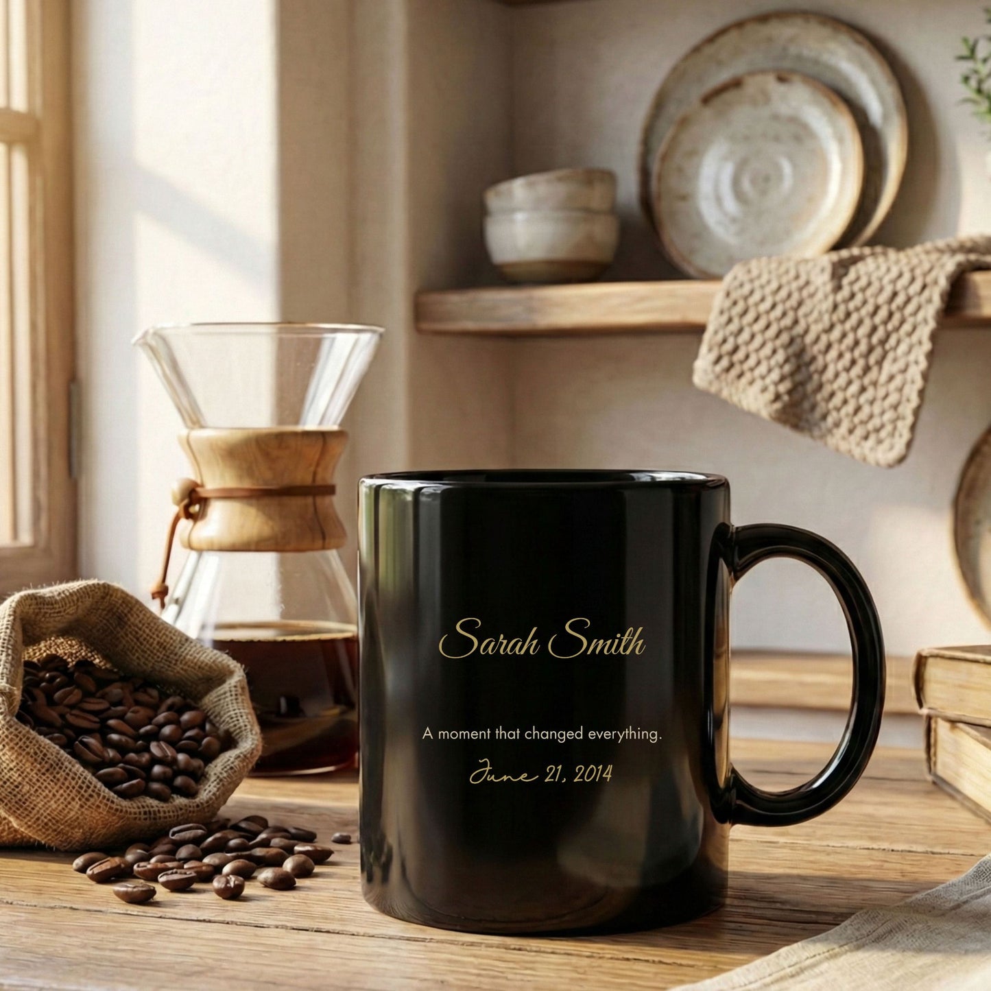 Personalized black ceramic mug with gold script name and cream lettering styled beside a pour over coffee maker and scattered coffee beans in a rustic kitchen setting by Momentum Prints.
