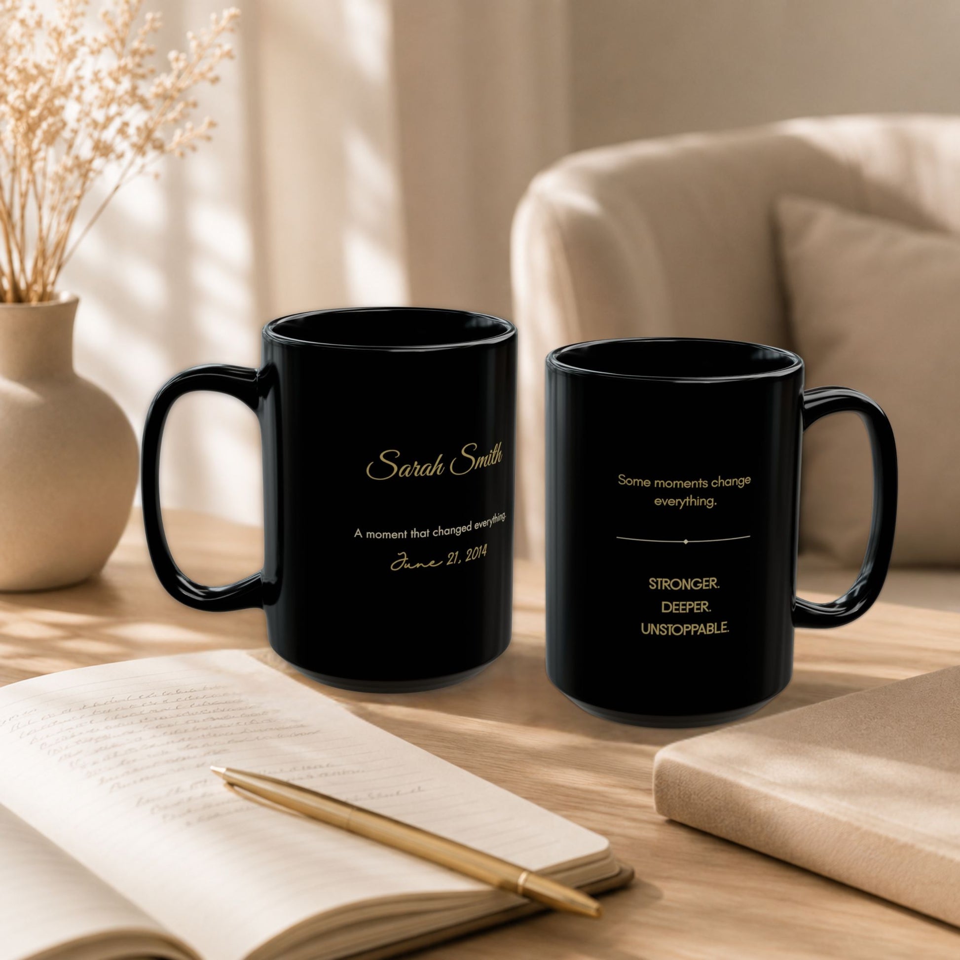 Two personalized black ceramic mugs displayed on a warm wood desk beside an open journal, a gold pen and dried baby's breath, styled in a cozy editorial lifestyle setting by Momentum Prints.