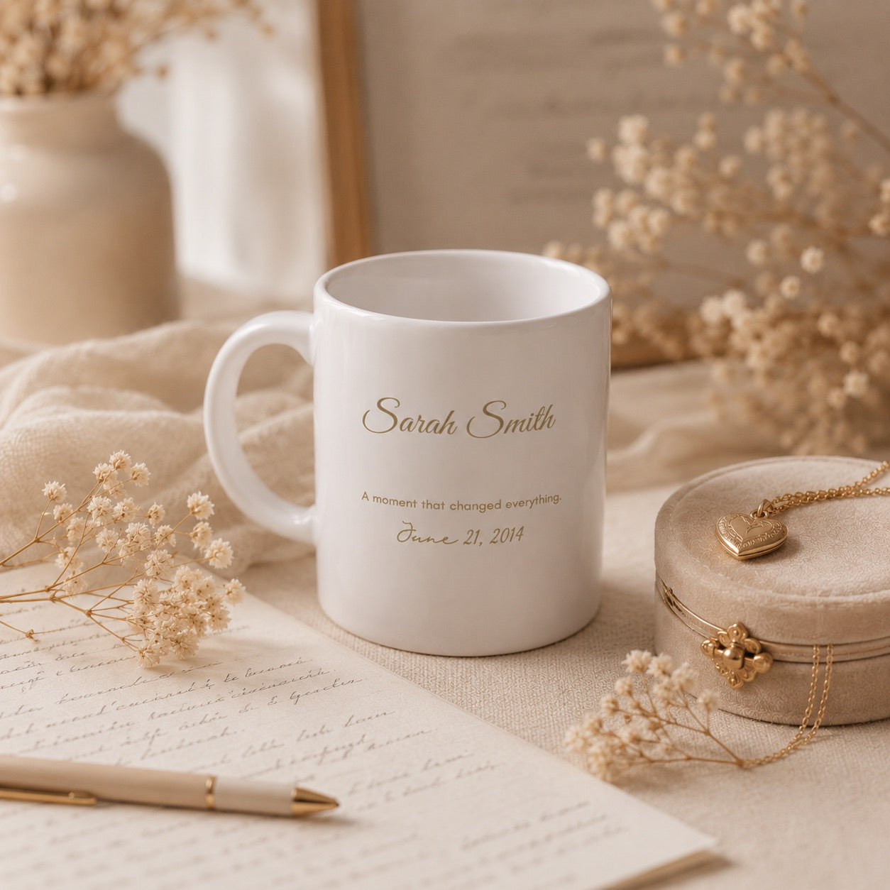 Personalized memory mug with custom name and special date displayed with a handwritten letter, dried flowers, and a keepsake box, celebrating a meaningful life moment.