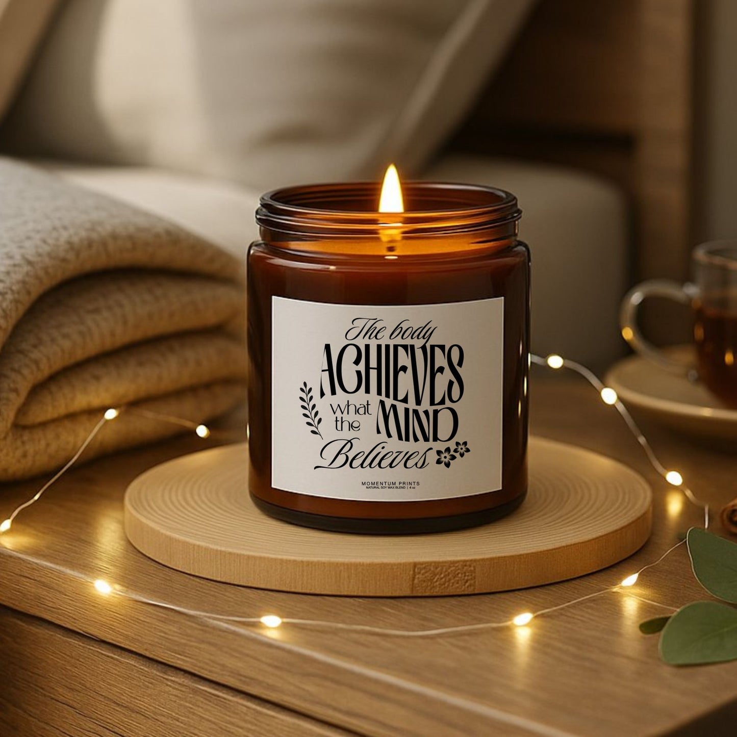 The Body Achieves What the Mind Believes 4 oz amber glass soy candle with warm cozy lighting and minimalist wooden decor.