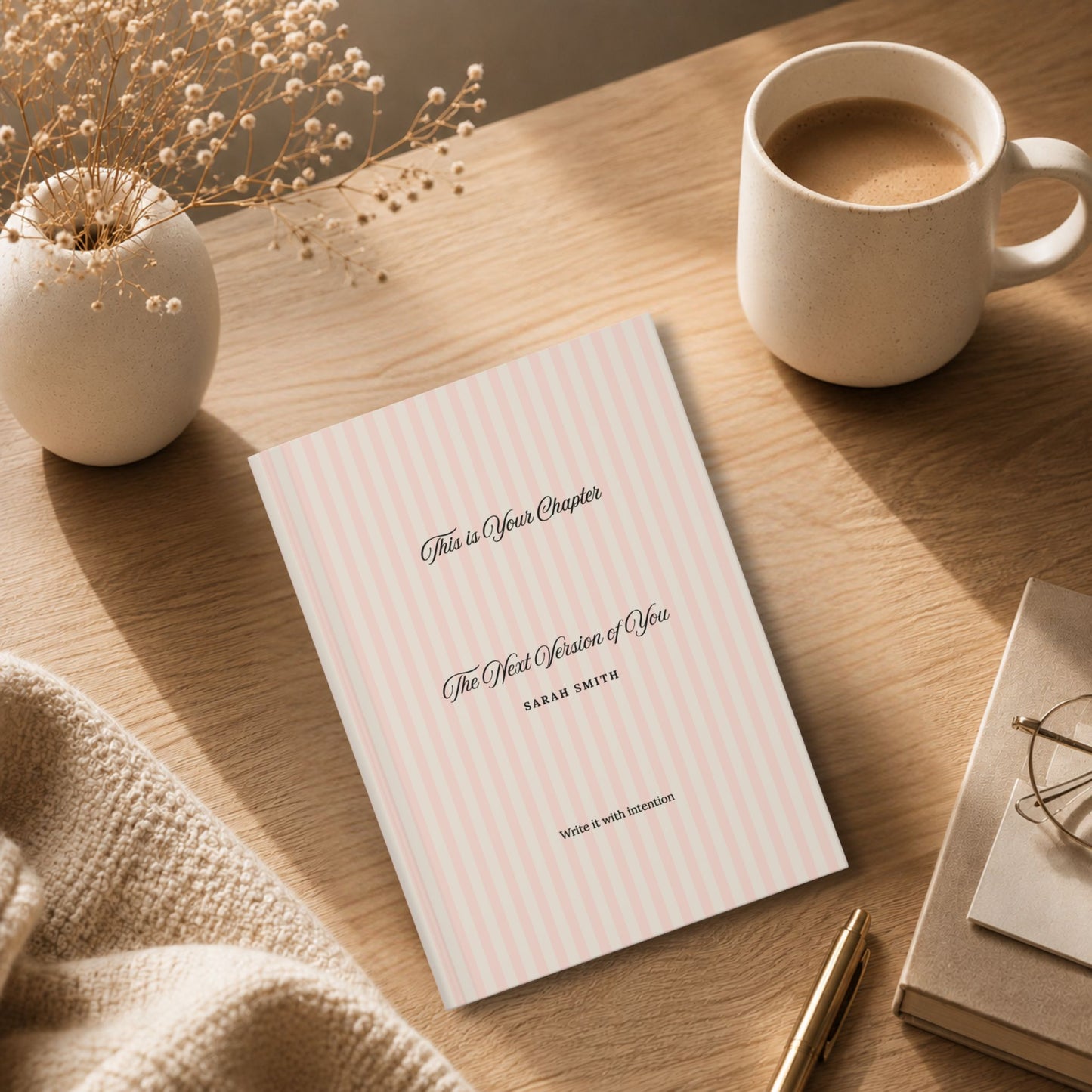 Premium personalized hardcover journal with dusty rose striped cover resting on a wooden desk beside a cup of coffee, a ceramic vase with dried flowers, and a cozy knit blanket in a warm lifestyle setting by Momentum Prints.