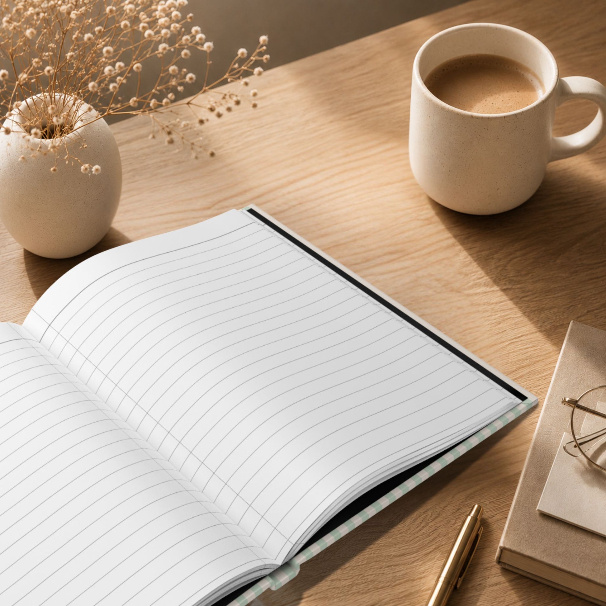 Interior view of ruled lined pages inside a personalized sage green striped hardcover journal, resting on a wooden desk beside a cup of coffee, a ceramic vase with dried flowers, and reading glasses in a warm lifestyle setting by Momentum Prints.