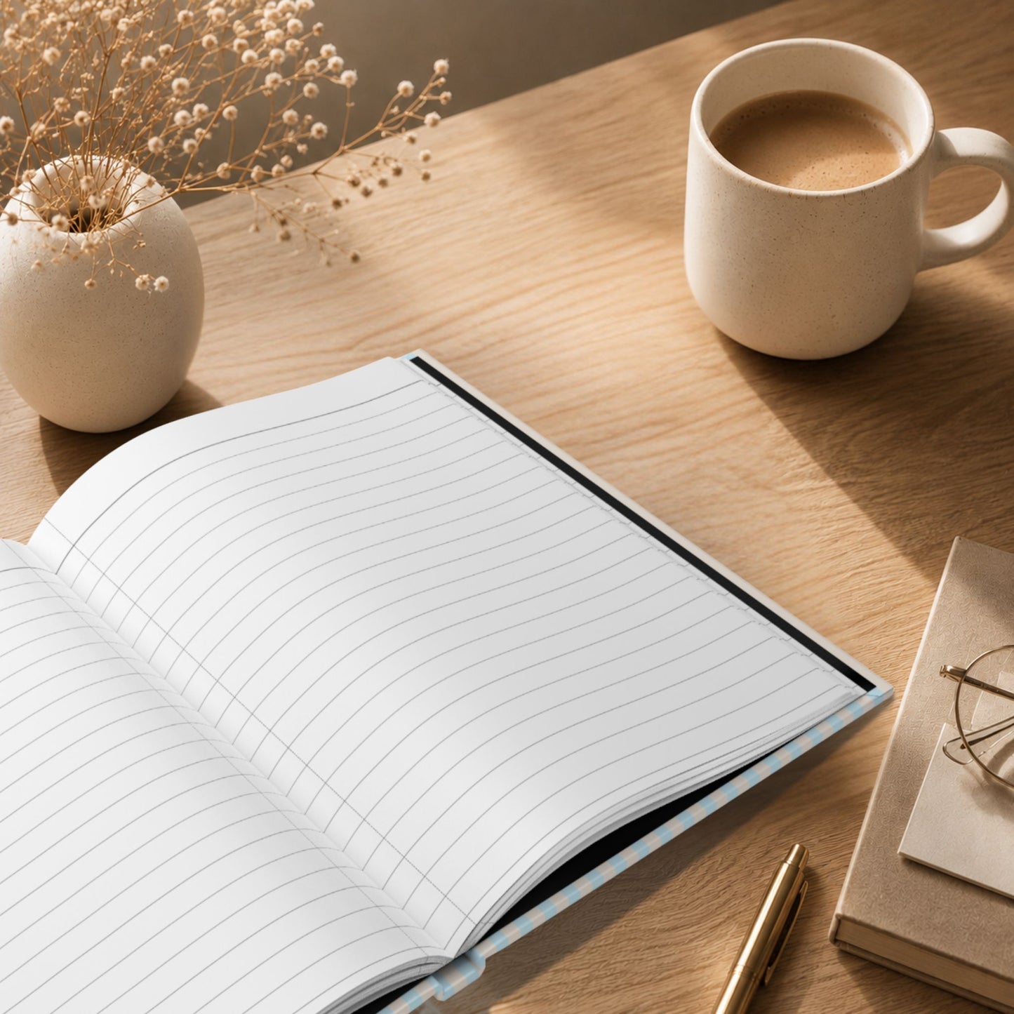 Interior view of ruled lined pages inside a personalized sky blue striped hardcover journal, resting on a wooden desk beside a cup of coffee, a ceramic vase with dried flowers, and reading glasses in a warm lifestyle setting by Momentum Prints.