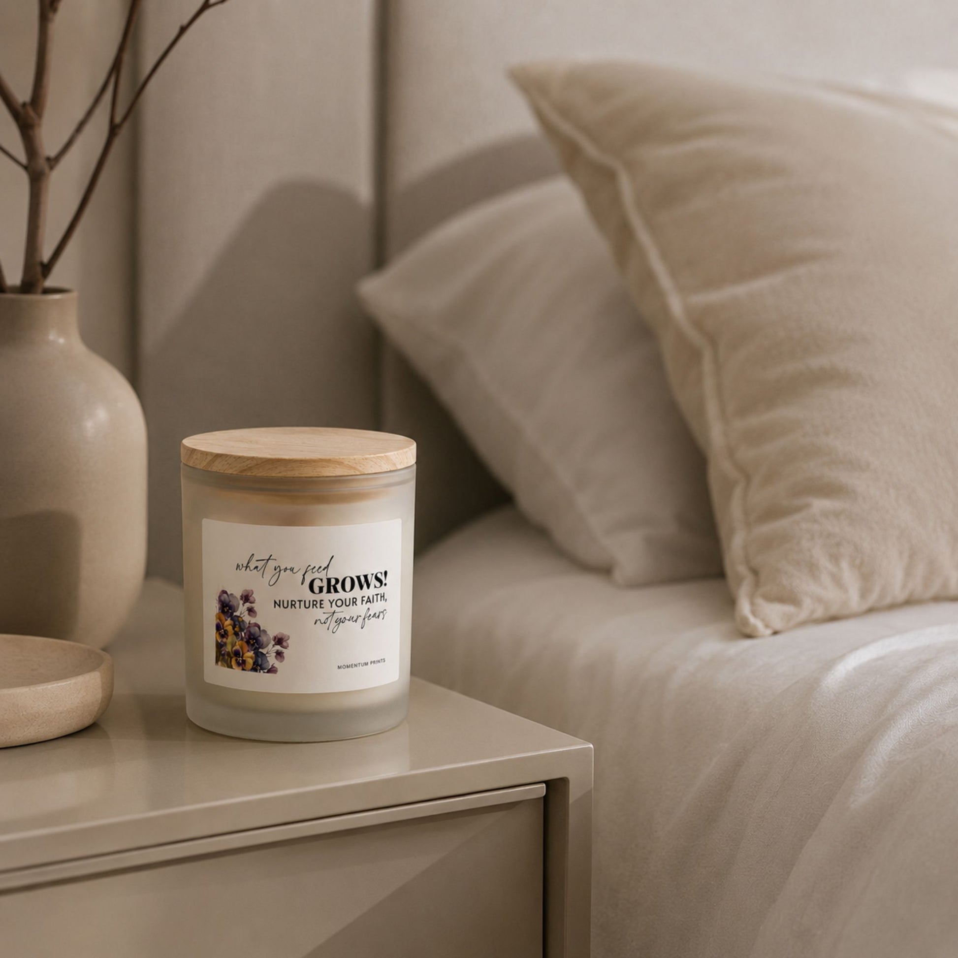 Frosted glass candle with wooden lid and “What You Feed Grows” label by Momentum Prints, styled on a minimalist bedside table in a cozy neutral bedroom with soft ambient lighting.
